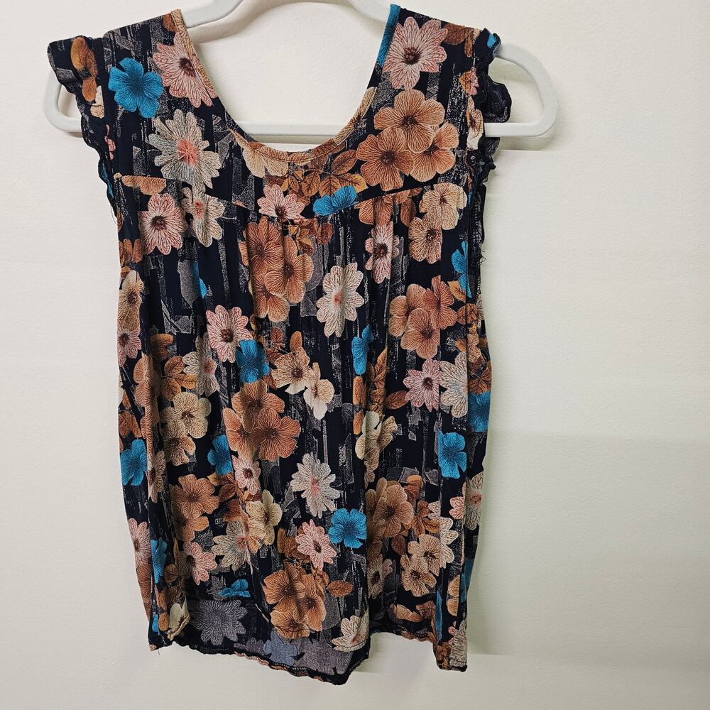 Whimsical Navy Brown Boho Floral Crinkle Ruffle Sleeveless Top Size XL 20" PTP - Picture 2 of 6